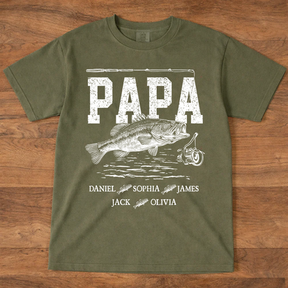 Comfort Colors® Papa Fishing Custom Name, Personalized Dad Papa Grandpa and Grandkids Gift  Father's Day T-shirt