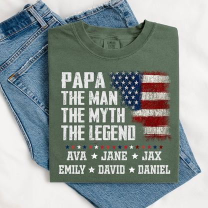 Papa The Man The Myth The Legend Shirt - Custom Comfort Colors Tee with Grandkids Names - Father's Day Gift