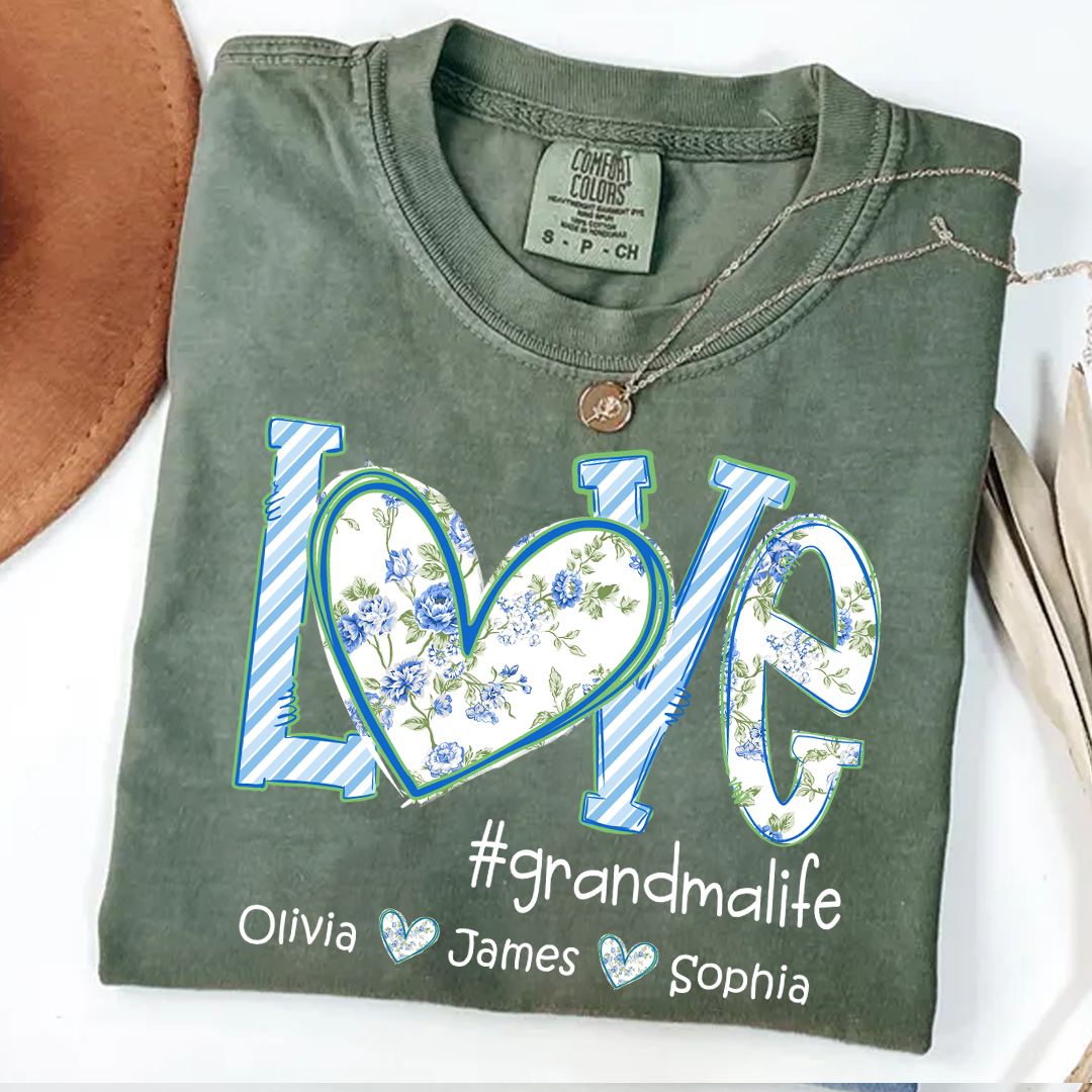 Love grandmalife Personalized Grandma Shirt - Floral Print Comfort Colors Tee - Custom Grandmother Gift with Grandkids' Names