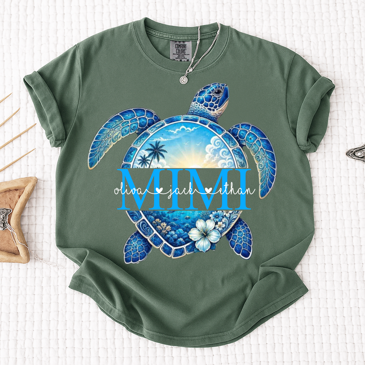 Comfort Colors® Personalized Mimi Sea Turtle Shirt, Custom Grandkids Names Beach Tee, Coastal Ocean Summer Gift for Grandma