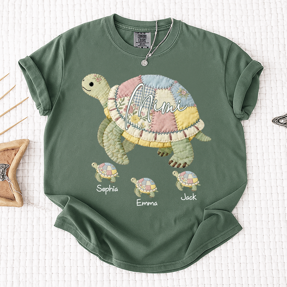 Comfort Colors® Personalized Mimi Patchwork Turtle, Custom Grandkids Names Shirt, Grandma Turtle Family Shirt, Birthday Gift for Mimi Nana Gigi, Mothers Day Shirt
