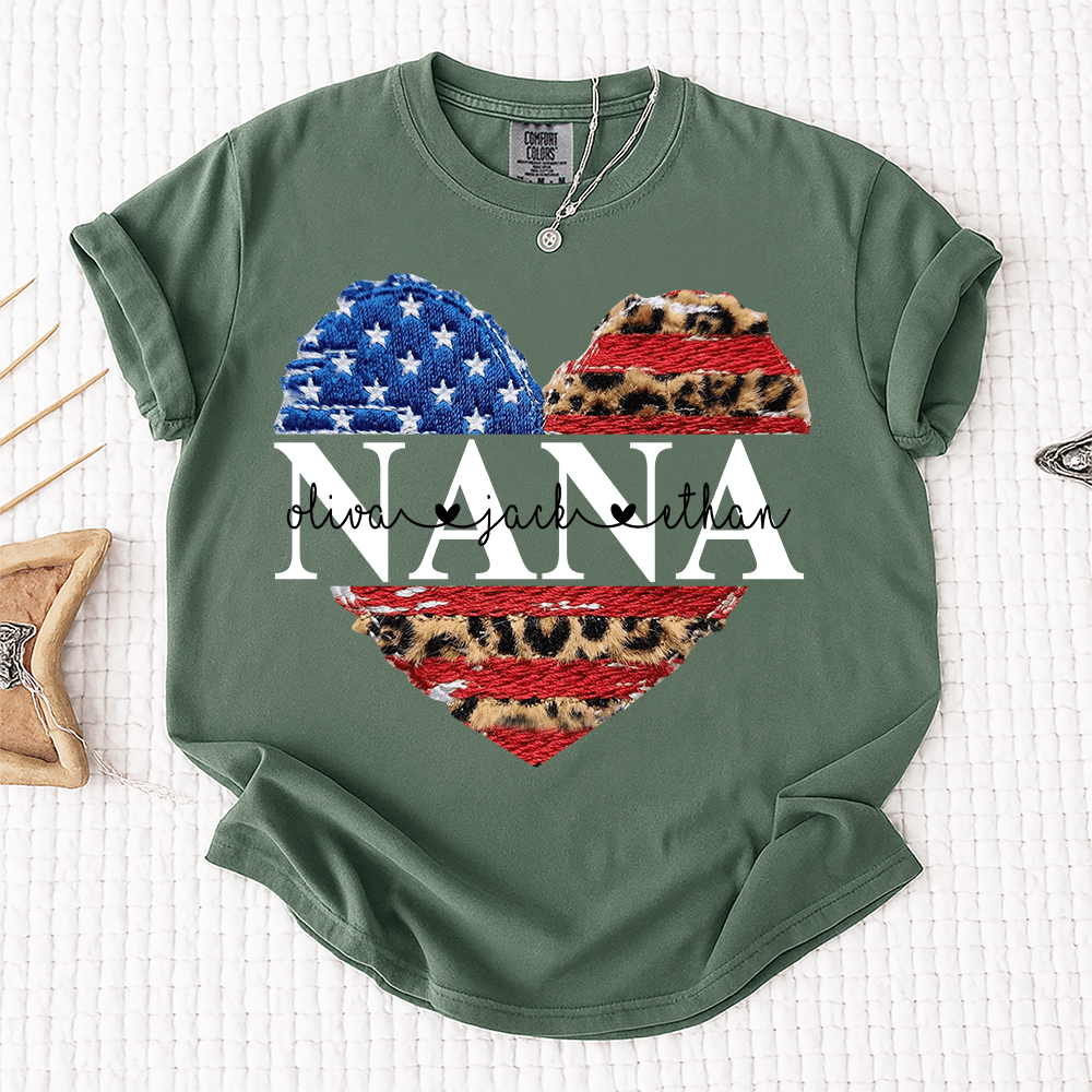 Comfort Colors® Personalized Nana Patriotic Heart Shirt with Grandkids Names, Custom Family Nickname Tee, American Flag Leopard Print, 4th of July Outfit Gift For Mother's Day Birthday