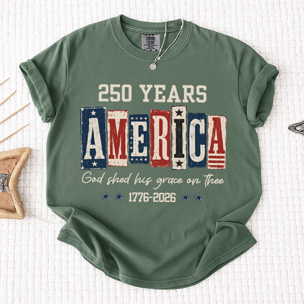 Comfort Colors® Christian American Flag Shirt, 250 Years America Shirt, God Shed His Grace 1776-2026 Patriotic Independence Day Faith Freedom Shirt