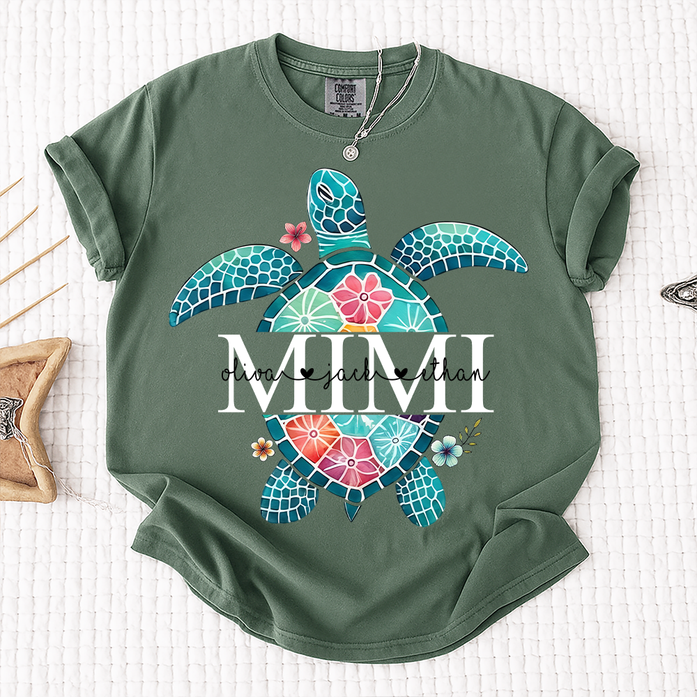 Comfort Colors® Personalized Mimi Sea Turtle Shirt, Custom Grandkids Names Beach Shirt, Coastal Summer Vacation Shirt for Grandma, Ocean Lover Gift for Mimi Nana Gigi