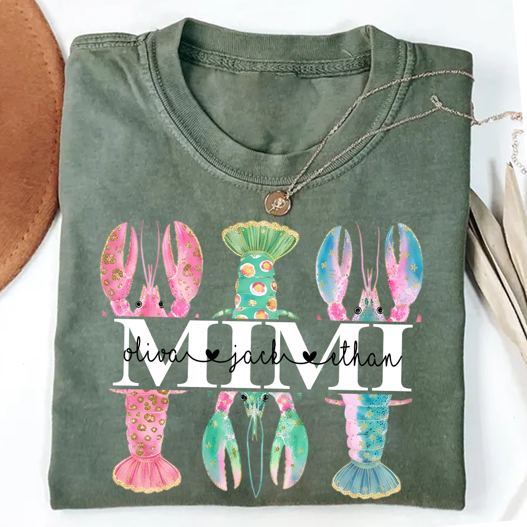 Comfort Colors Custom Mimi Lobster Shirt with Grandkids Names, Personalized Grandma Beach Summer T-Shirt Gift for Grandma