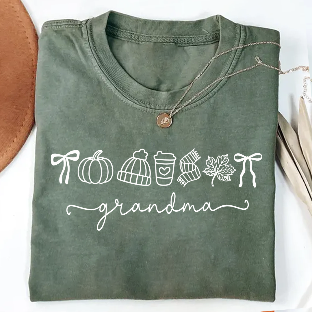 Comfort Colors® Personalized Grandma Fall T-Shirt, Pumpkin Coffee Autumn Leaves Shirt, Custom Grandma Name Thanksgiving Gift, Custom Family Names Gift for Grandma