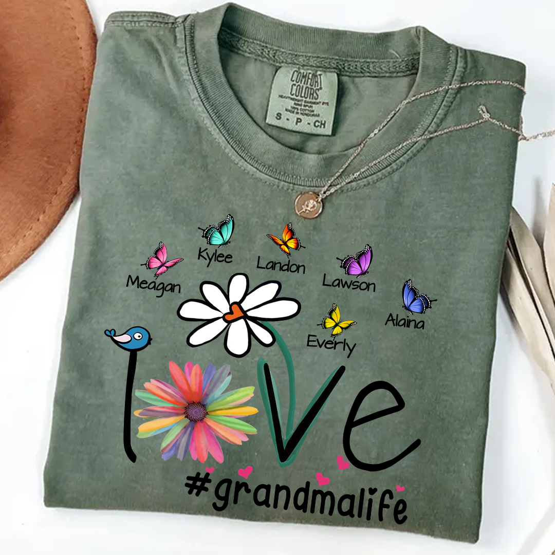 Comfort Colors® Love Grandma Butterfly T-Shirt, Custom Grandma With Grandkids Shirt