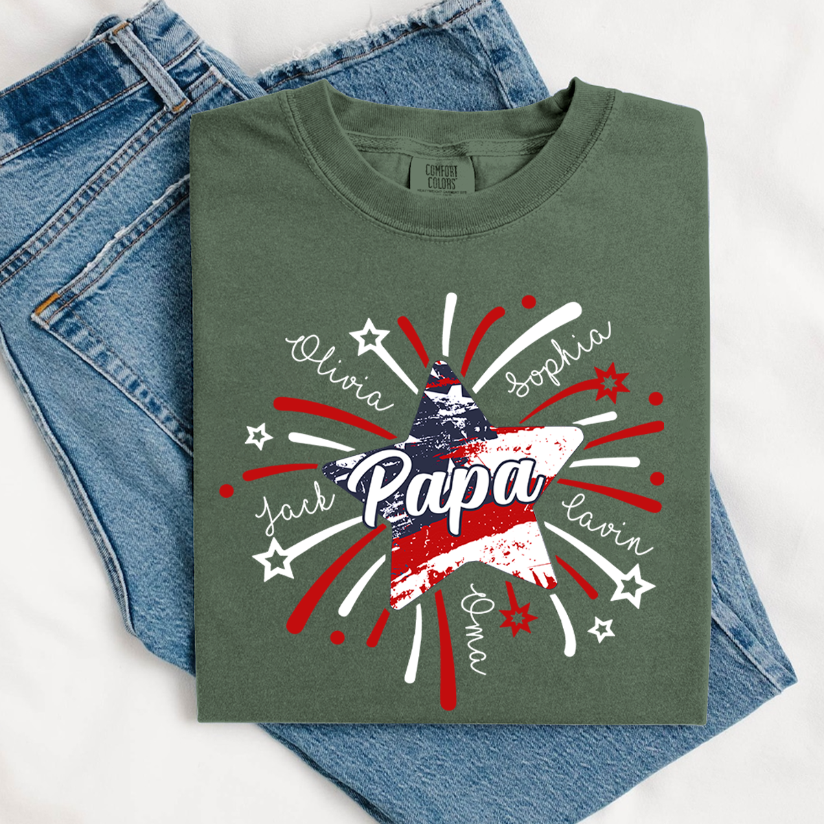 Comfort Colors® Custom 4th of July Papa Shirt, Custom Grandpa Firework American Flag T-Shirt