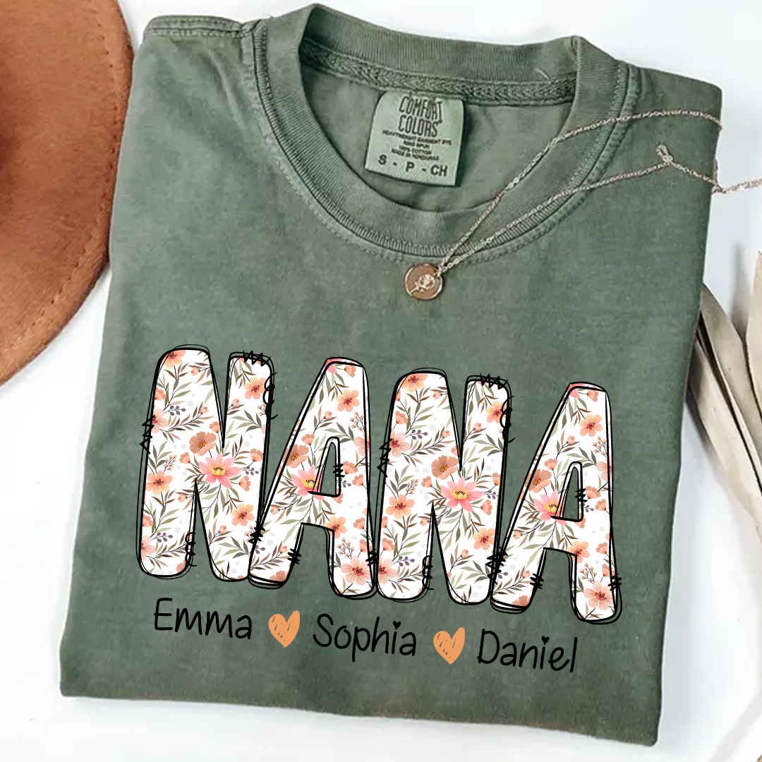 Comfort Colors® Nana Flower 2025 Shirt, Custom Grandma And Grandkids Shirt
