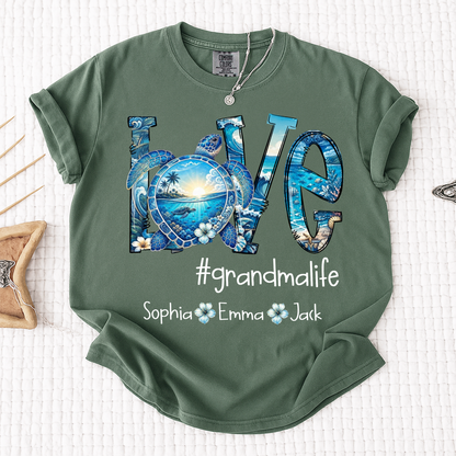 Comfort Colors® Personalized Love grandmalife Sea Turtle Shirt, Custom Family Names Gift for Grandma Shirt, Gift for Mimi Nana Gigi