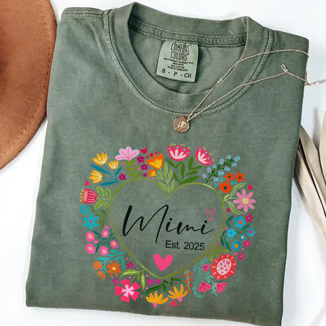 Comfort Colors® Mimi Heart Flower Est T-Shirt, Custom Grandma With Grandkids Shirt