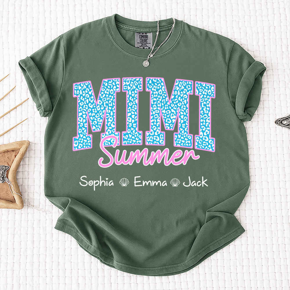 Comfort Colors® Personalized Mimi Summer Shirt, Custom Grandkids Names Shirt, Leopard Heart Grandma Shirt, Summer Gift for Mimi Nana Gigi, Birthday Mothers Day Shirt