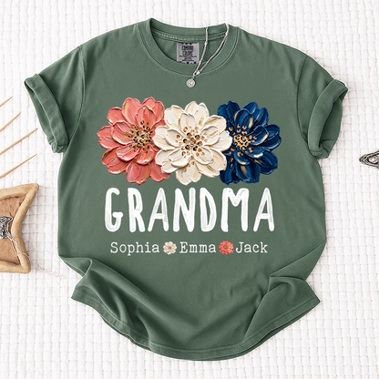 Comfort Colors® Patriotic Floral Grandma T-Shirt, Personalized Nana Mimi Mama Shirt with Kids Names, 4th of July Independence Day Gift