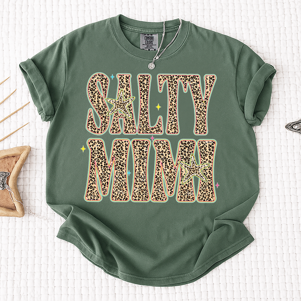 Comfort Colors® Personalized Salty Mimi Leopard Starfish Shirt, Beach Summer Vacation Tee, Funny Coastal Mimi Mom Life Shirt, Gift for Grandma Nana Mimi Women