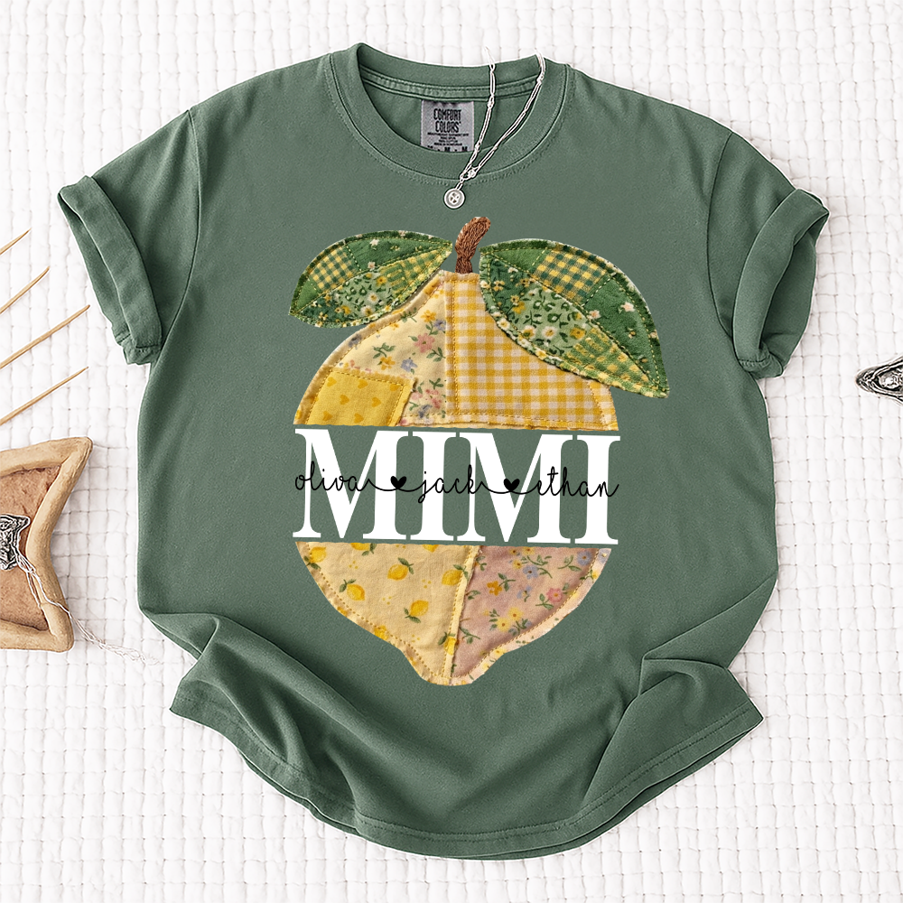Comfort Colors® Custom Mimi Lemon Shirt, Personalized Grandkids Names Shirt, Patchwork Citrus Summer Shirt, Gift for Grandma Nana Gigi