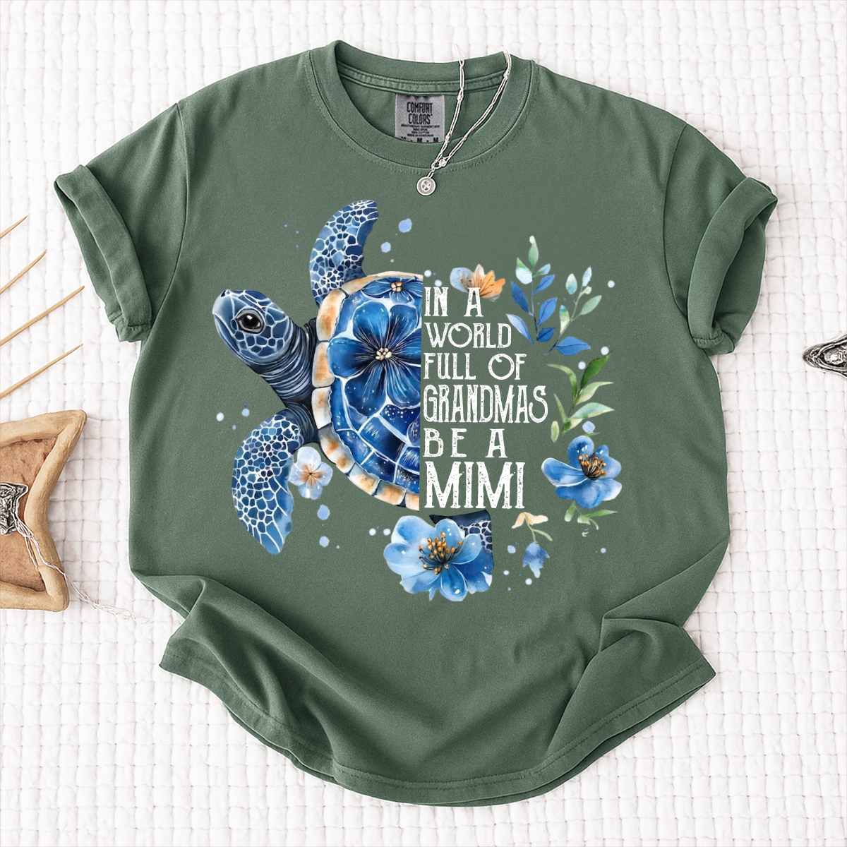 Comfort Colors® In A World Full Of Grandmas Be A Mimi Shirt, Sea Turtle Floral T-Shirt, Personalized Mimi Gift, Grandma Beach Tee