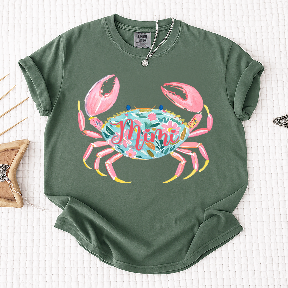 Comfort Colors® Personalized Mimi Crab Shirt, Custom Grandma Beach Shirt, Cute Floral Crab Summer Tee, Ocean Vacation Gift for Mimi Nana Gigi, Birthday Mothers Day Shirt