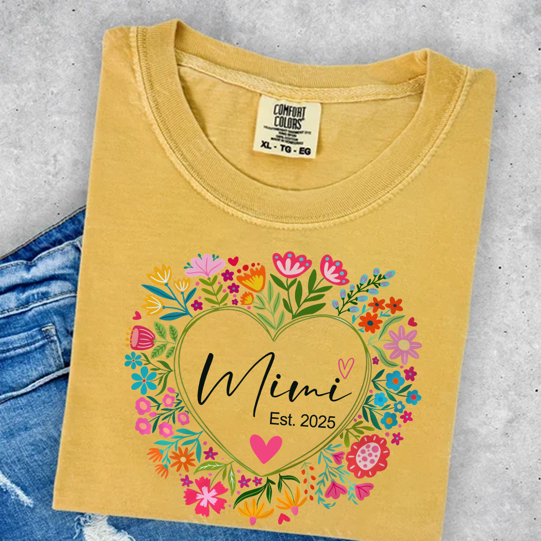 Comfort Colors® Mimi Heart Flower Est T-Shirt, Custom Grandma With Grandkids Shirt