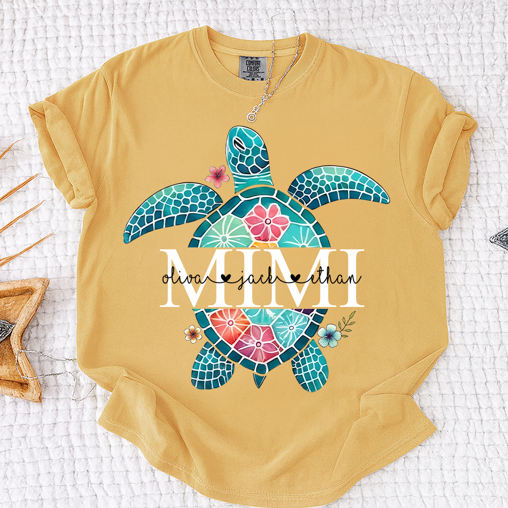 Comfort Colors® Personalized Mimi Sea Turtle Shirt, Custom Grandkids Names Beach Shirt, Coastal Summer Vacation Shirt for Grandma, Ocean Lover Gift for Mimi Nana Gigi
