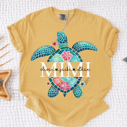 Comfort Colors® Personalized Mimi Sea Turtle Shirt, Custom Grandkids Names Beach Shirt, Coastal Summer Vacation Shirt for Grandma, Ocean Lover Gift for Mimi Nana Gigi