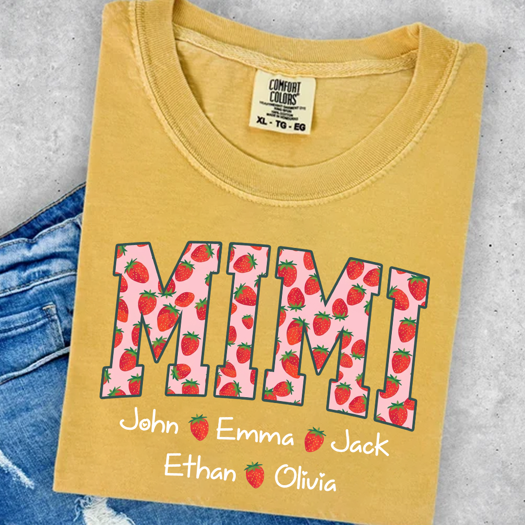 Comfort Colors® Personalized Mimi Strawberry Shirt, Custom Grandma Shirt with Grandkids Names, Cute Strawberry Graphic T-Shirt