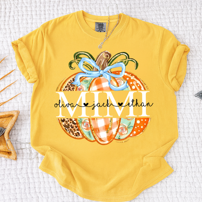 Comfort Colors® Personalized Mimi Pumpkin T-shirt, Autumn shirt for grandma with grandchildren's names, Cute autumn Thanksgiving gift for grandma