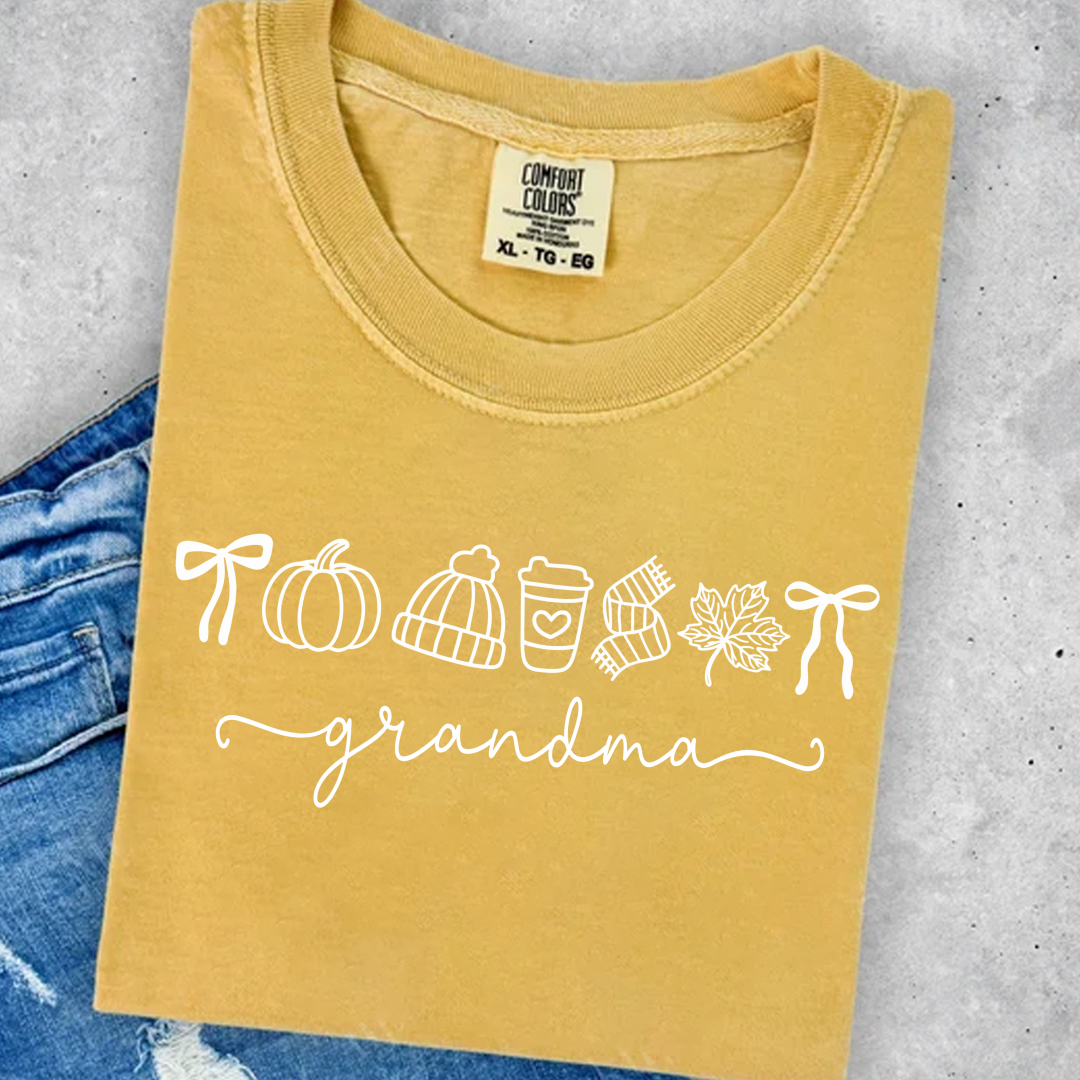 Comfort Colors® Personalized Grandma Fall T-Shirt, Pumpkin Coffee Autumn Leaves Shirt, Custom Grandma Name Thanksgiving Gift, Custom Family Names Gift for Grandma