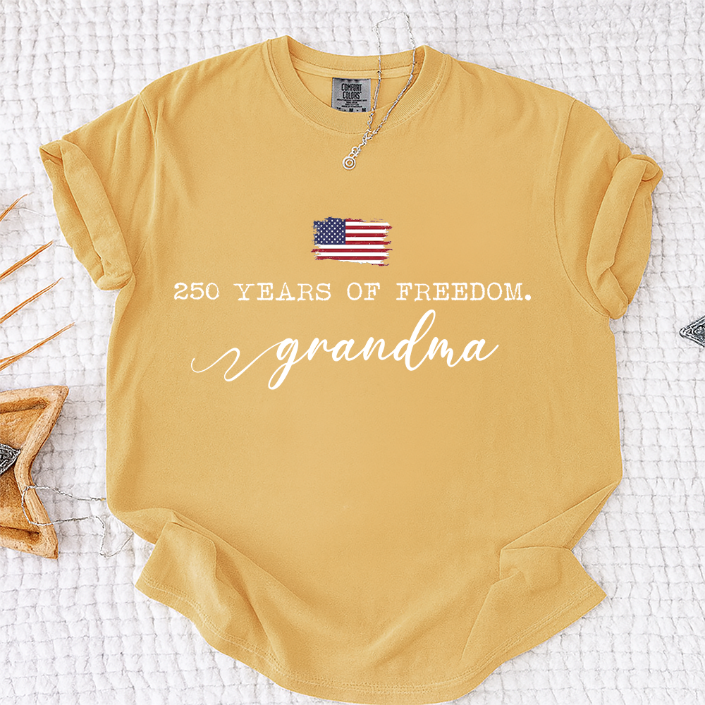 Comfort Colors® 250 Years of Freedom Personalized T-Shirt, Custom USA Flag Design for Grandma, Mama, Mimi, Gigi, Patriotic Family Shirt, Gifts for Independence Day, 4th of July