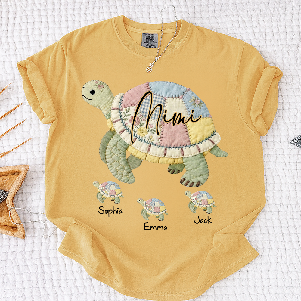 Comfort Colors® Personalized Mimi Patchwork Turtle, Custom Grandkids Names Shirt, Grandma Turtle Family Shirt, Birthday Gift for Mimi Nana Gigi, Mothers Day Shirt