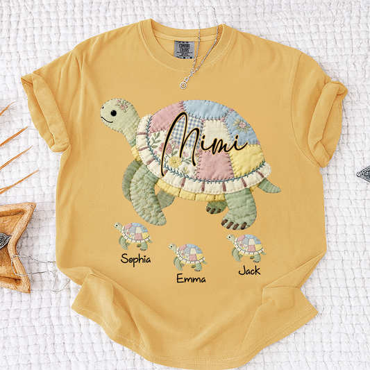 Comfort Colors® Personalized Mimi Patchwork Turtle, Custom Grandkids Names Shirt, Grandma Turtle Family Shirt, Birthday Gift for Mimi Nana Gigi, Mothers Day Shirt