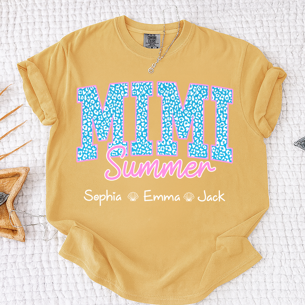 Comfort Colors® Personalized Mimi Summer Shirt, Custom Grandkids Names Shirt, Leopard Heart Grandma Shirt, Summer Gift for Mimi Nana Gigi, Birthday Mothers Day Shirt