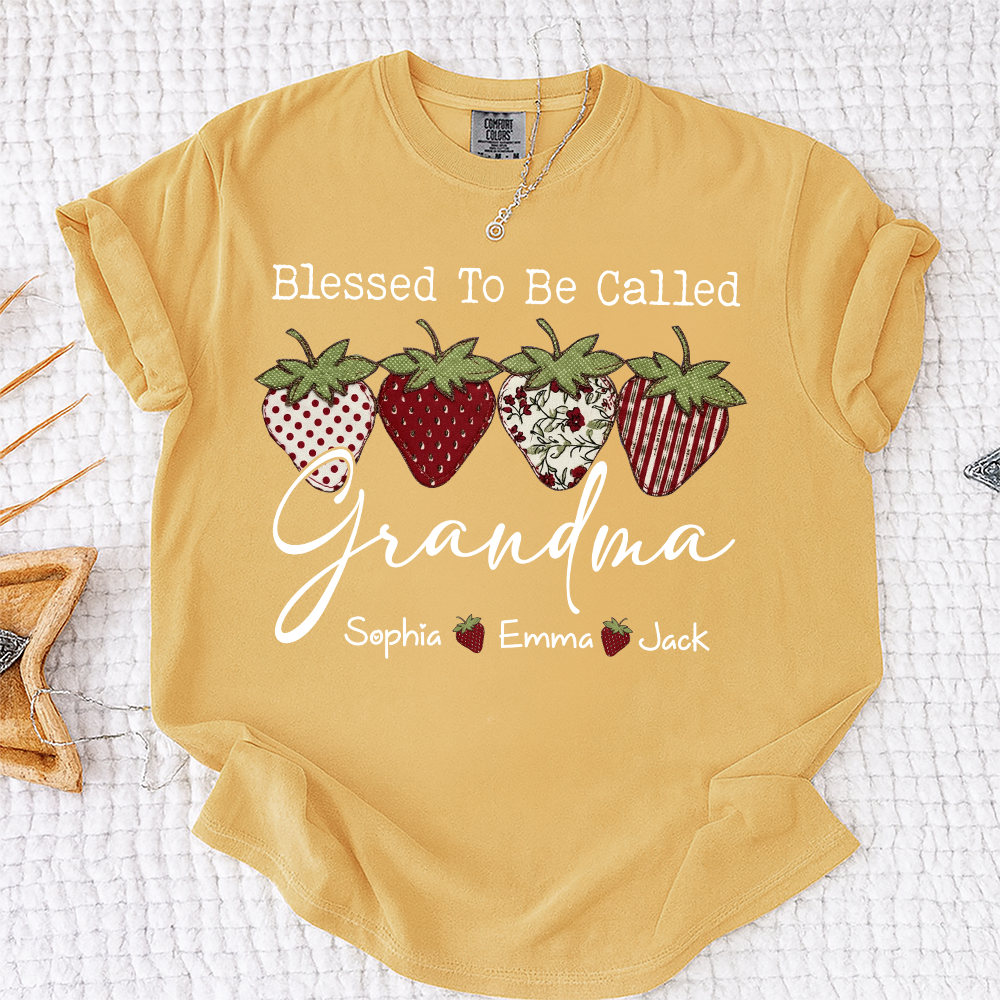 Comfort Colors® Personalized Blessed To Be Called Grandma, Custom Grandkids Names T-Shirt, Strawberry Patchwork Gift T-Shirt