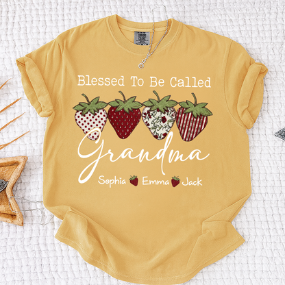 Comfort Colors® Personalized Blessed To Be Called Grandma, Custom Grandkids Names T-Shirt, Strawberry Patchwork Gift T-Shirt