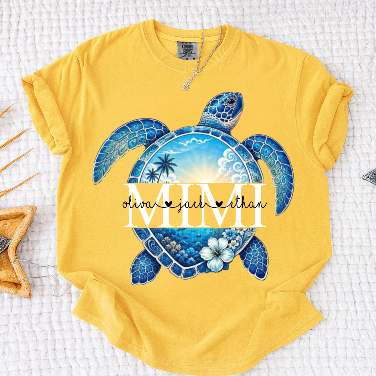 Comfort Colors® Personalized Mimi Sea Turtle Shirt, Custom Grandkids Names Beach Tee, Coastal Ocean Summer Gift for Grandma