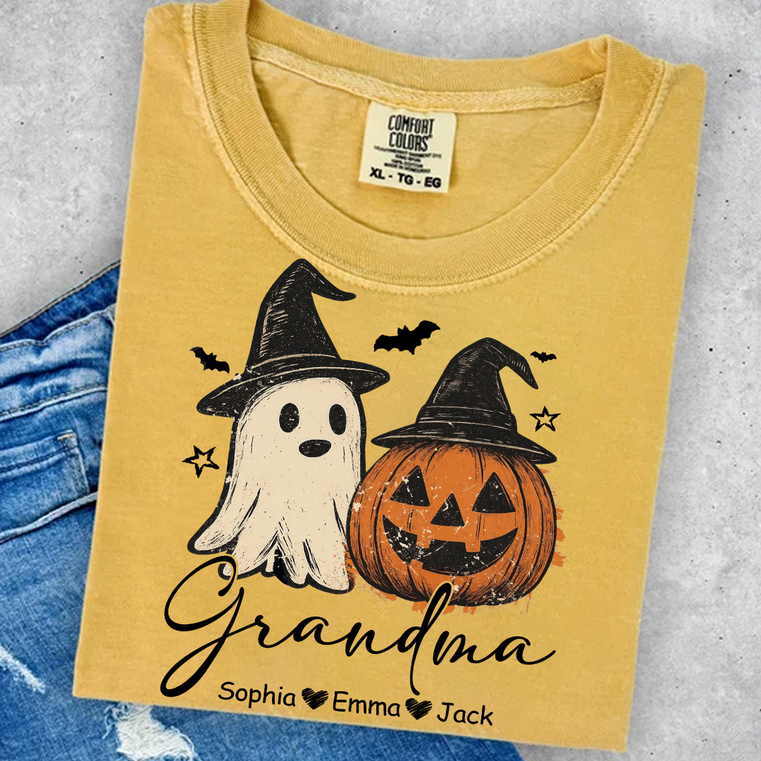Comfort Colors® Grandma Floral Pumpkin, Ghost Pumpkin And Grandkids T-Shirt