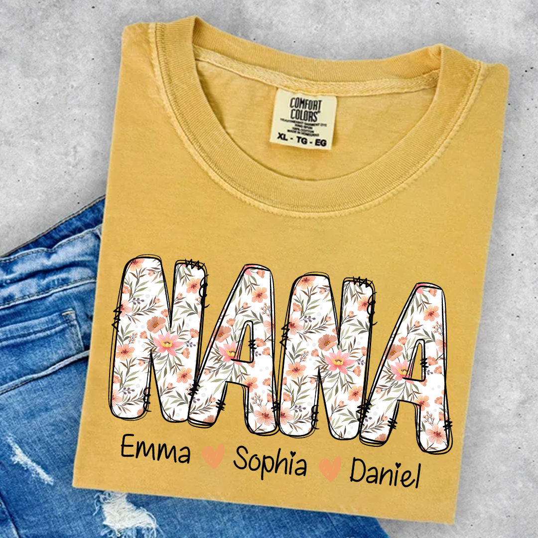 Comfort Colors® Nana Flower 2025 Shirt, Custom Grandma And Grandkids Shirt