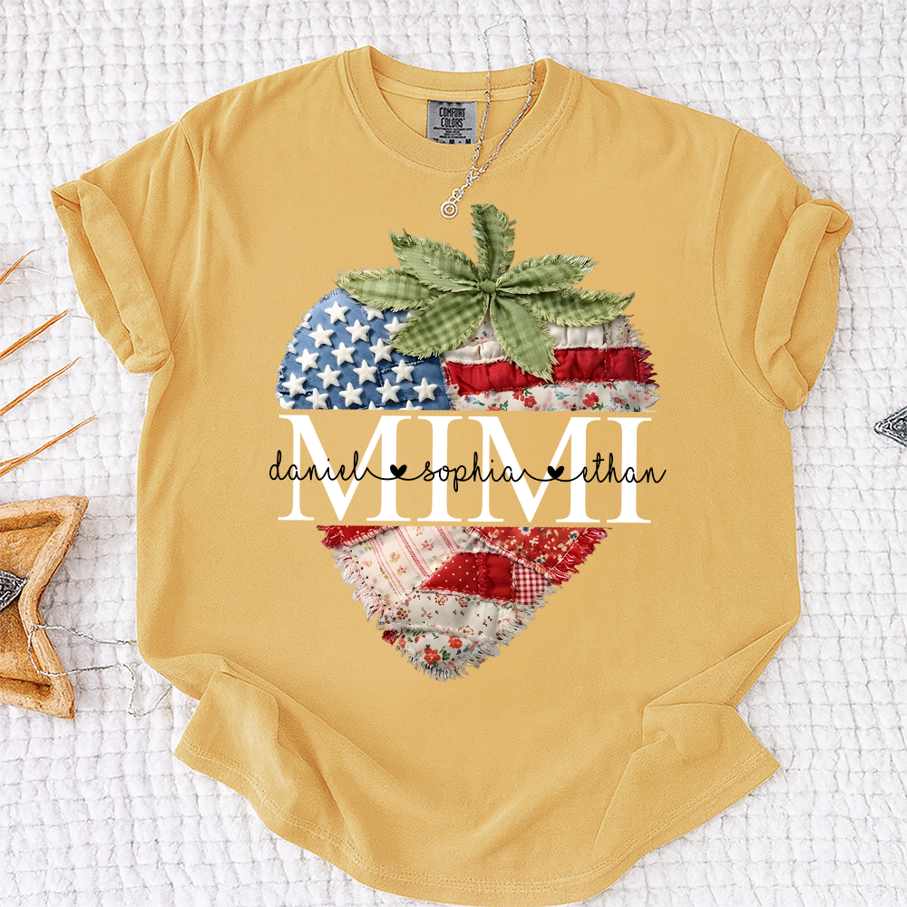 Comfort Colors Mimi Custom Family Tee, Faux Quilted Strawberry 4th of July Grandma T-Shirt, Patriotic American Flag Berry Graphic, Summer Gift for Grandma, Independence Day Shirt
