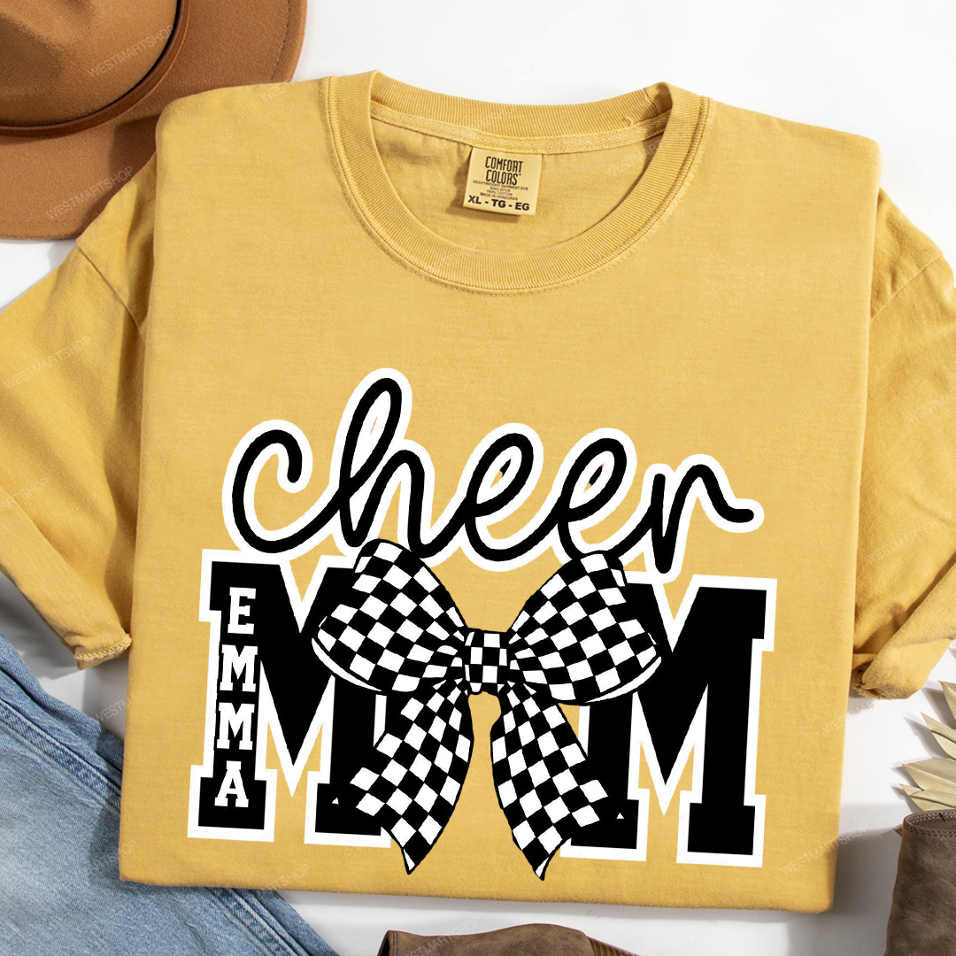 Checkered Coquette Cheer Mom Shirt Competition Day Tee Cheerleading Mama T-Shirt