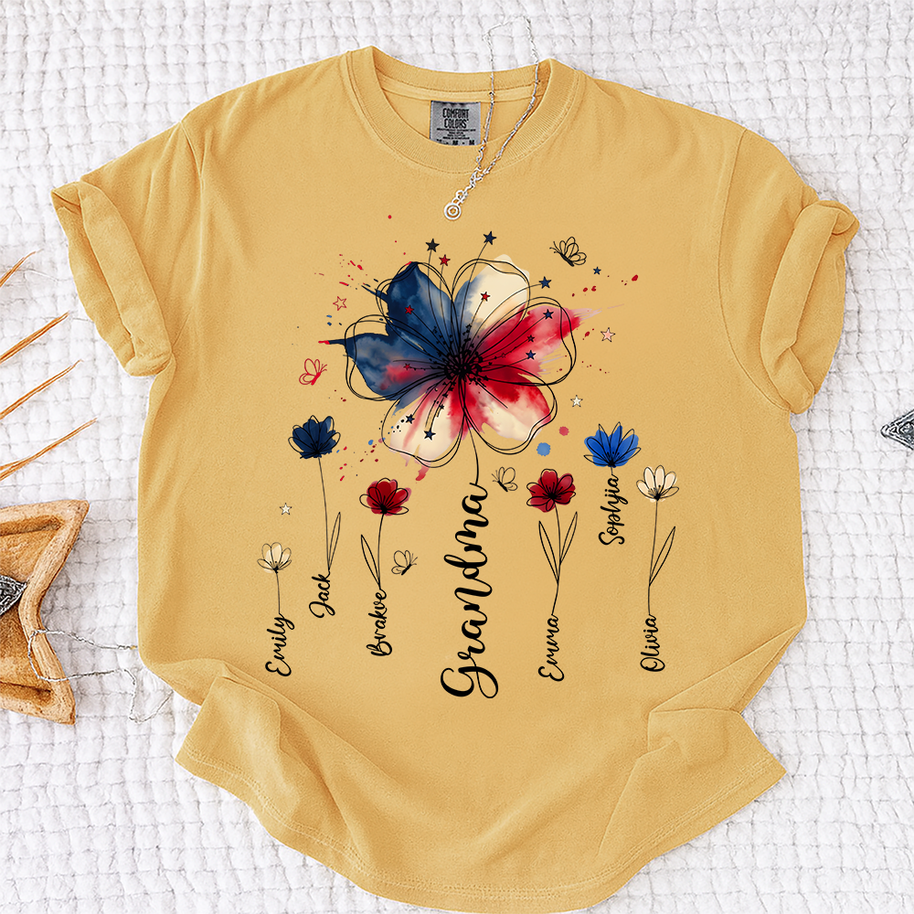 Personalized Grandma Wildflower Shirt, Custom Kids Names Floral Tee for Nana Mimi Gigi Grammy, Patriotic Flower Gift for Grandma Birthday Mothers Day Shirt