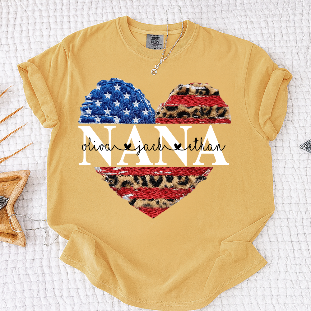 Comfort Colors® Personalized Nana Patriotic Heart Shirt with Grandkids Names, Custom Family Nickname Tee, American Flag Leopard Print, 4th of July Outfit Gift For Mother's Day Birthday