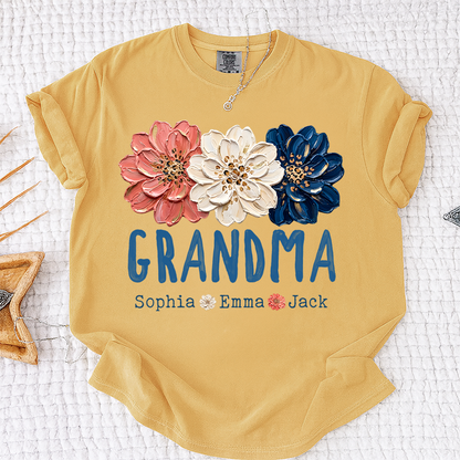 Comfort Colors® Patriotic Floral Grandma T-Shirt, Personalized Nana Mimi Mama Shirt with Kids Names, 4th of July Independence Day Gift
