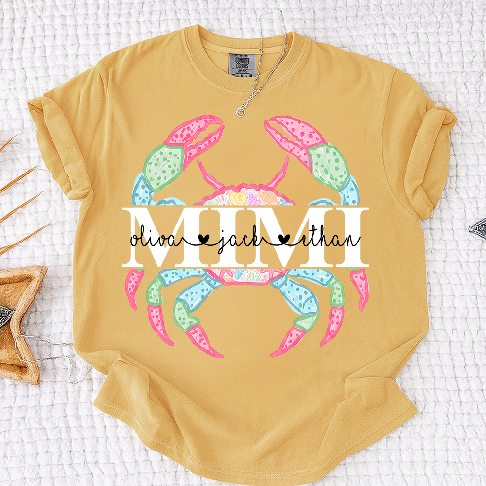 Comfort Colors Personalized Mimi Crab Shirt, Custom Grandkids Names Beach Shirt, Coastal Grandma Summer Shirt, Ocean Lover Gift for Grandma
