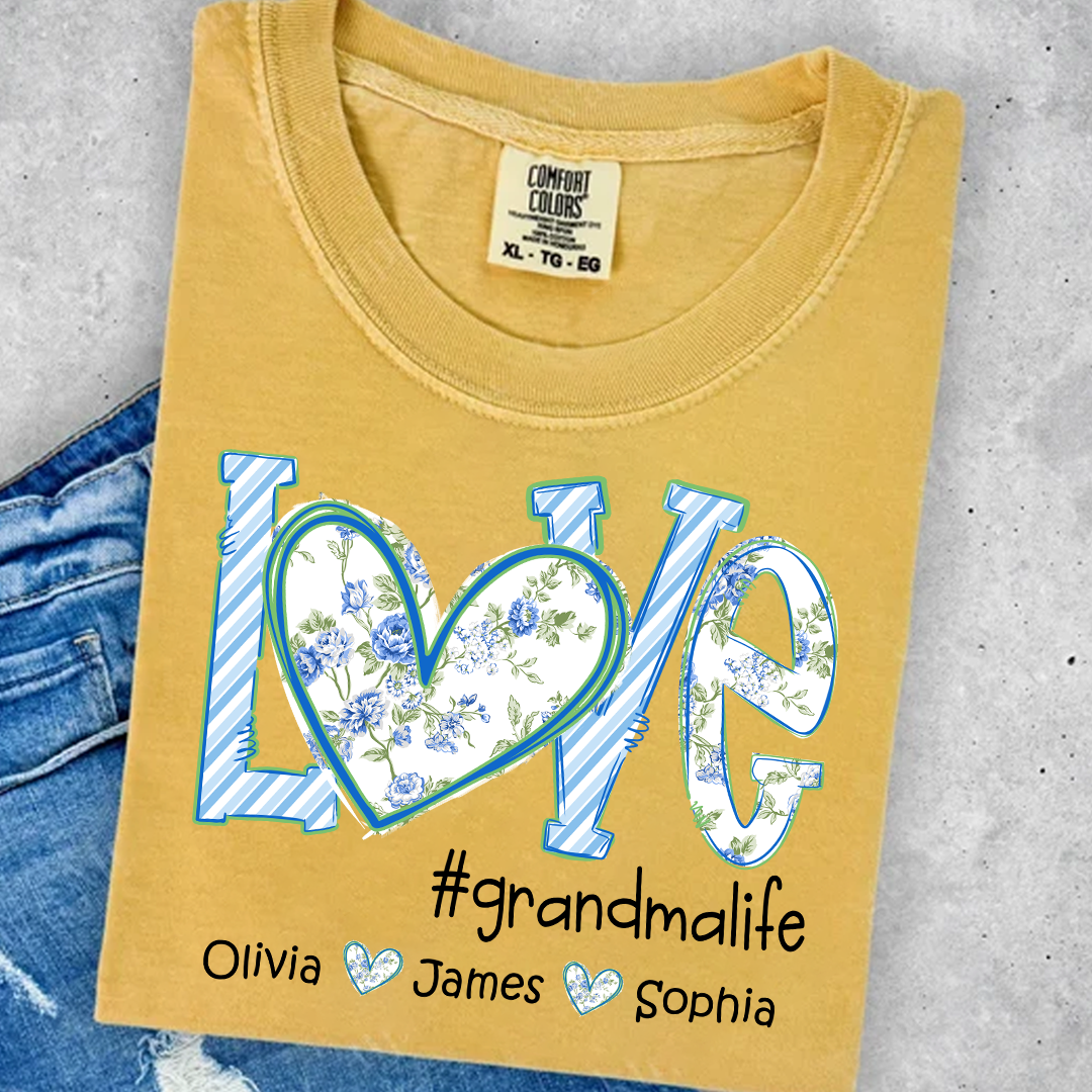 Love grandmalife Personalized Grandma Shirt - Floral Print Comfort Colors Tee - Custom Grandmother Gift with Grandkids' Names