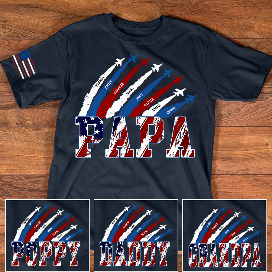 Personalized Papa Airplane Shirt, Custom Kids Names Patriotic T Shirt for Papa, 4th of July American Flag Family Gift