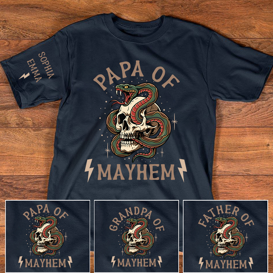 Papa Of Mayhem Personalized Shirt, Custom Papa Skull Snake Tee with Kids Names on Sleeve, Funny Grandpa Father Graphic T Shirt, Gift For Father’s Day Birthday