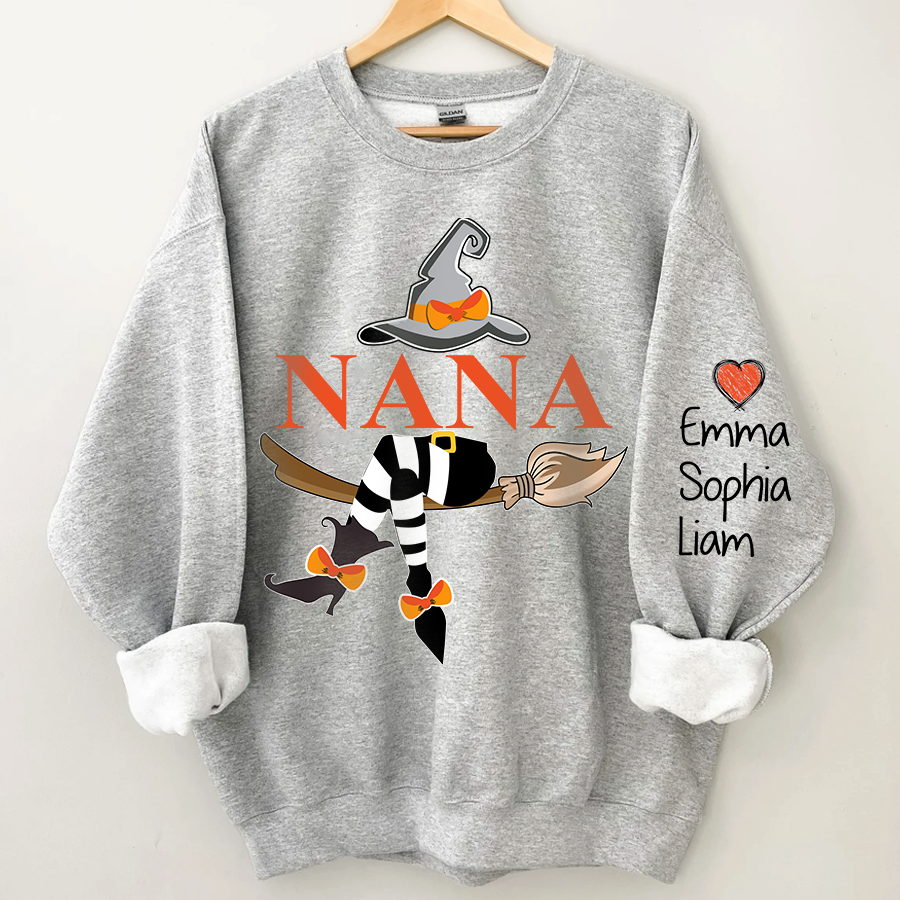Personalized Nana Witch Halloween Sweatshirt, Custom Grandma With Grandkids Holiday Sweatshirt