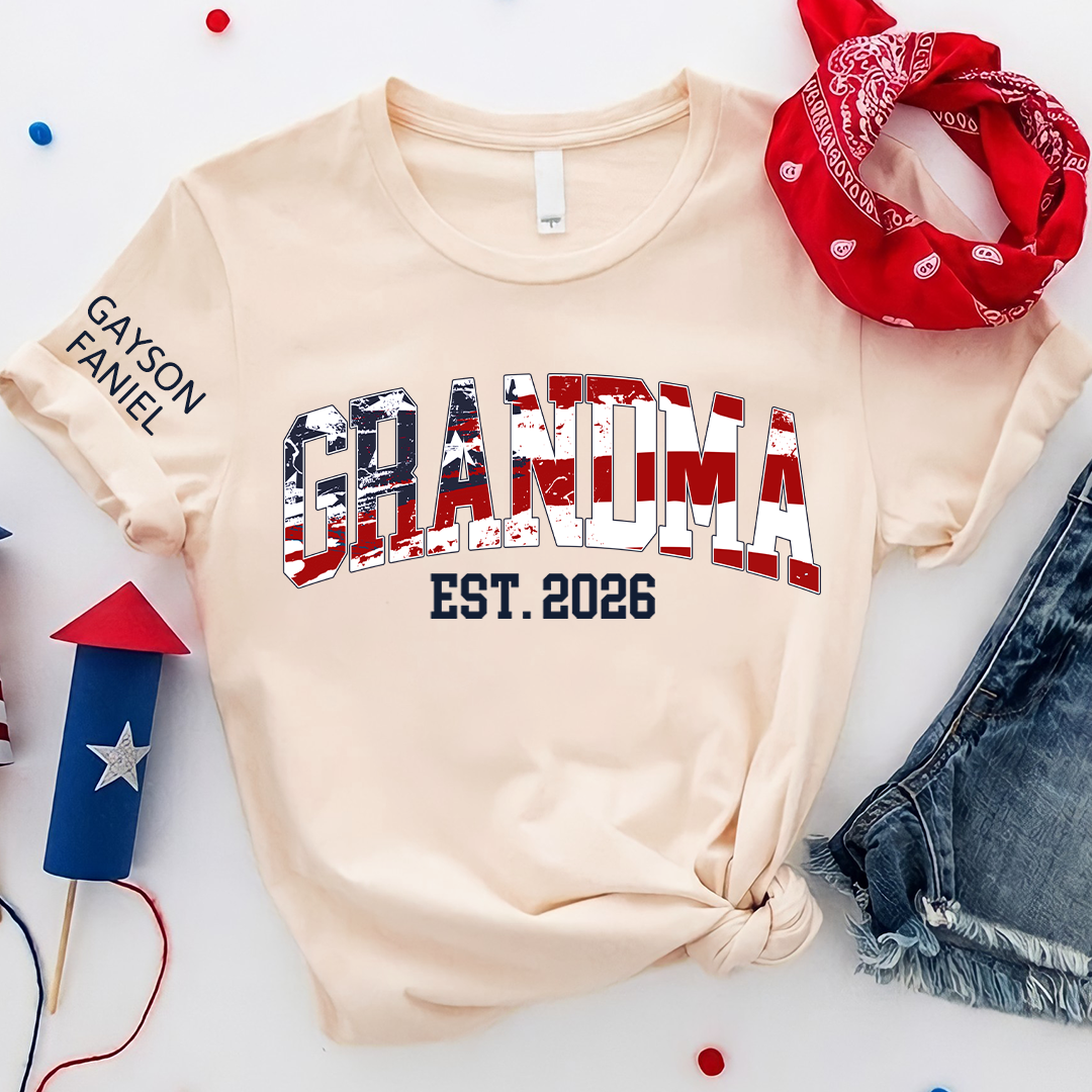 Personalized Nana Est US Flag Shirts With Grandkids Names, Custom Grandma Mimi Nana Gigi Gag T-Shirt, Gift For Birthday Mothers Day Independence Day