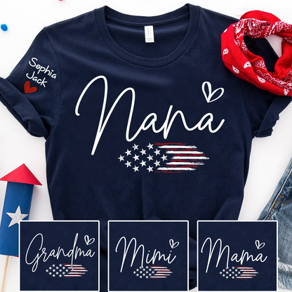 Personalized Nana American Flag T-Shirt, Custom Design with Name, Patriotic Family Shirt for 4th of July, Gifts for Mother's Day, Birthday