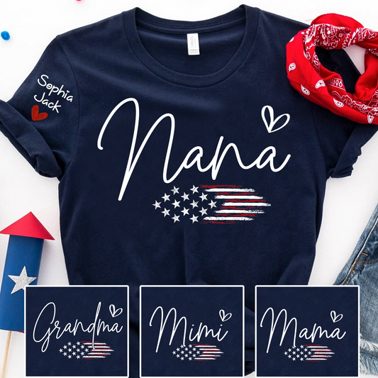 Personalized Nana American Flag T-Shirt, Custom Design with Name, Patriotic Family Shirt for 4th of July, Gifts for Mother's Day, Birthday