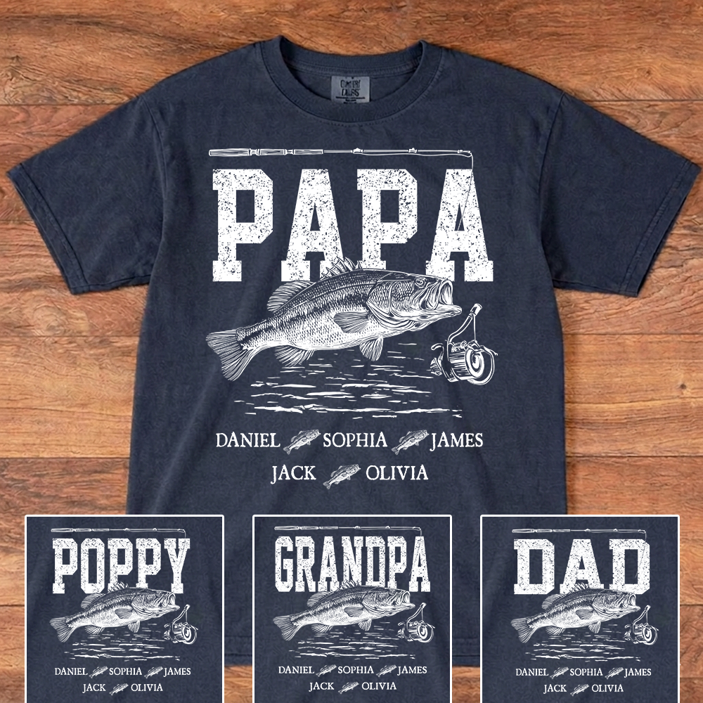 Comfort Colors® Papa Fishing Custom Name, Personalized Dad Papa Grandpa and Grandkids Gift  Father's Day T-shirt